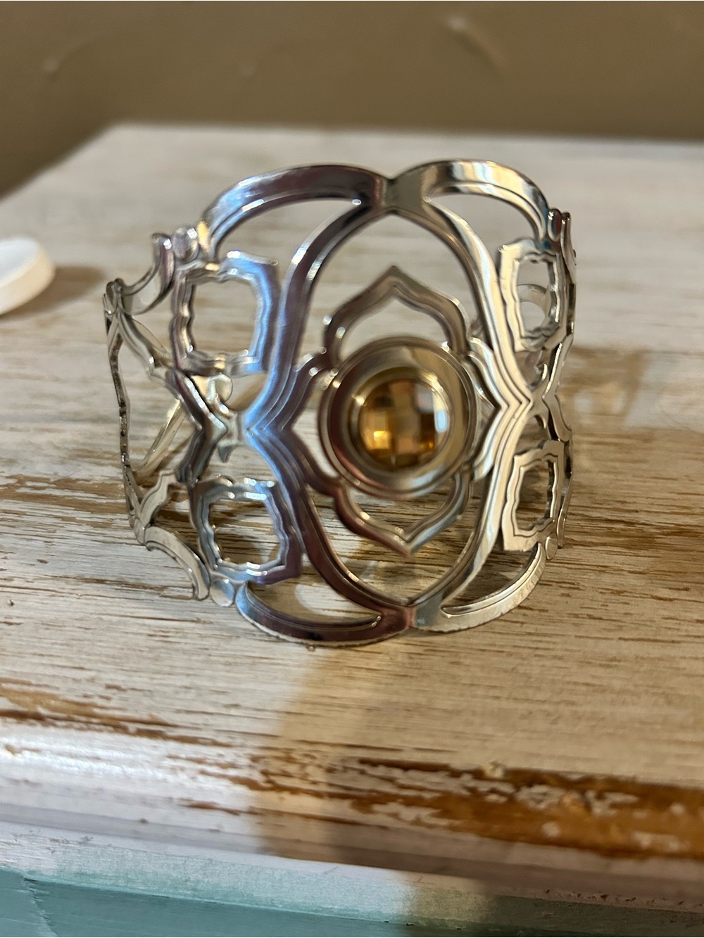 Brighton Silver Filigree Cuff Bracelet with Golden Center Cabochon
